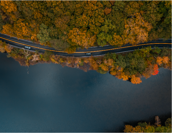 Drone image of a winding road by the water and fall foliage