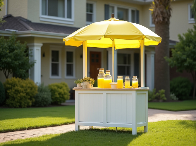 Lemonade stand with a yellow umbrella set up in a front yard in front of a house