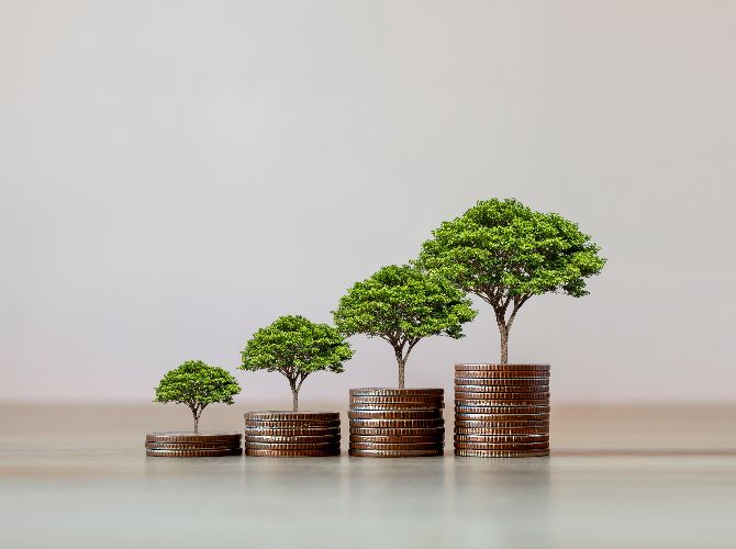 Coins stacked on each other with little artificial trees growing from each pillar emulating the sense of money growing