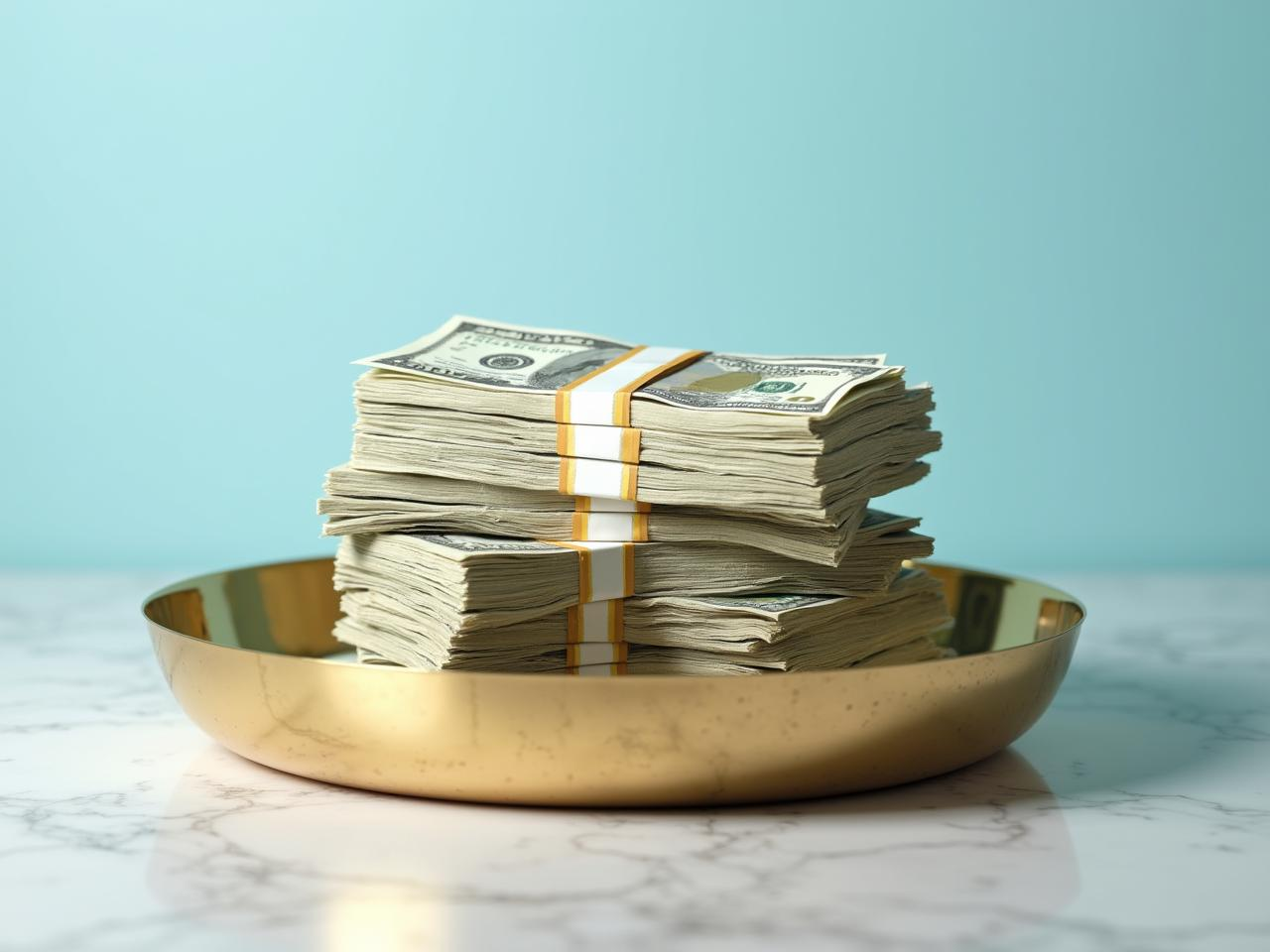 Stack of money in a gold tray on a marble table